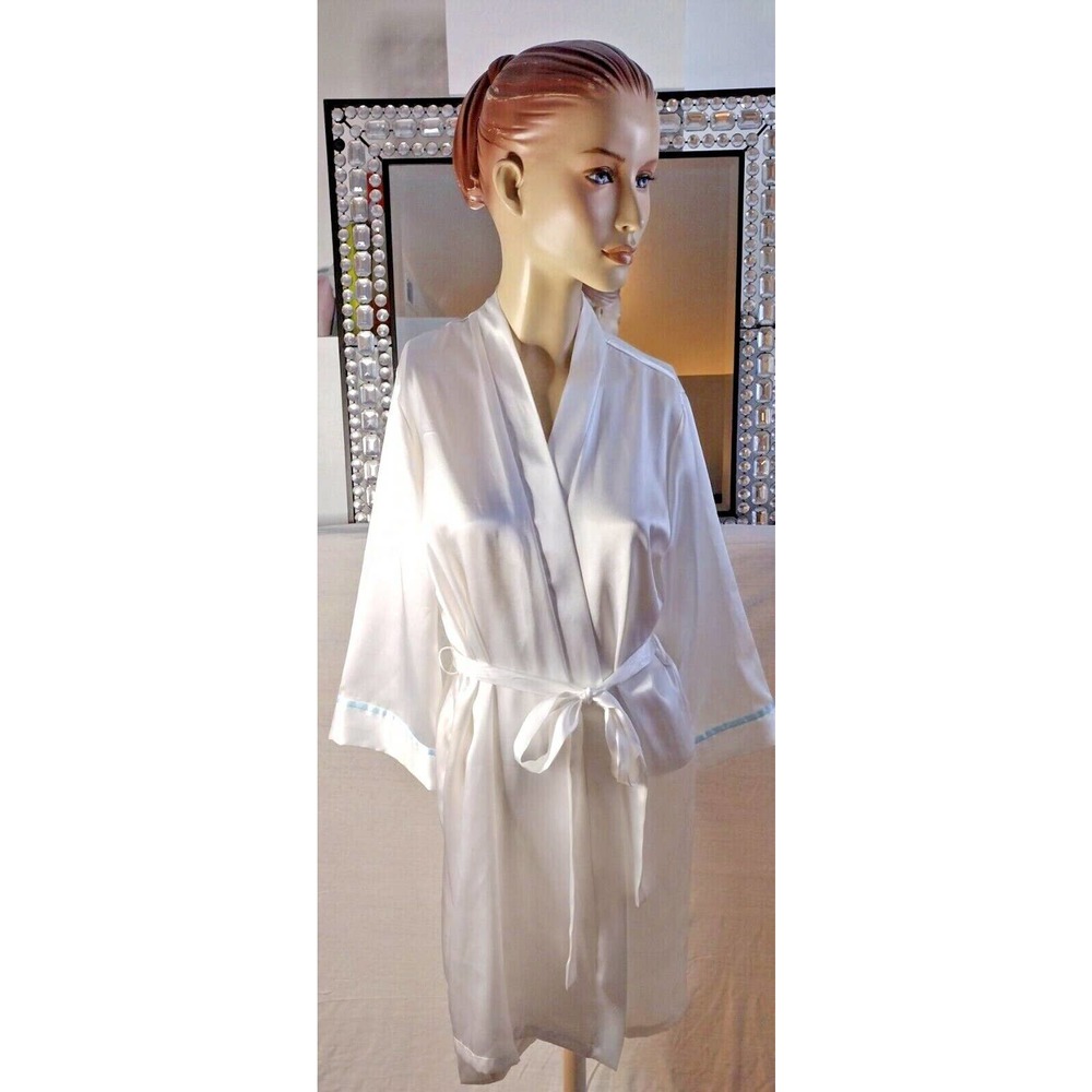 Satiny Bridal Robe With Tie Wrap Blue Trim Donatella (Medium)
